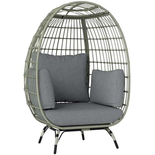 Charcoal grey rattan egg chair with thick seat and back cushions, two matching pillows