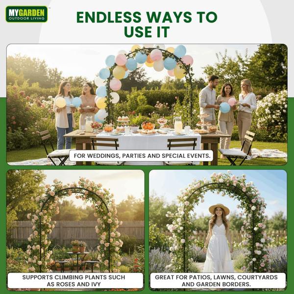 My Garden Outdoor Living Metal Garden Arch 2.4M, Florence Garden Arbour with Ground Stakes for Climbing Roses, Flowers & Plants, Indoor/Outdoor