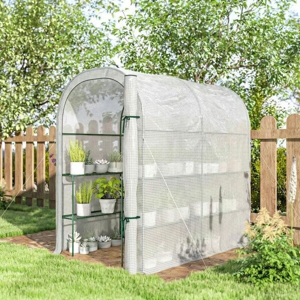 Bobobiy Walk-in Greenhouse with Shelves, Small Greenhouse with PE Cover and Roll-up Door, 123 x 187 x 189 cm, White