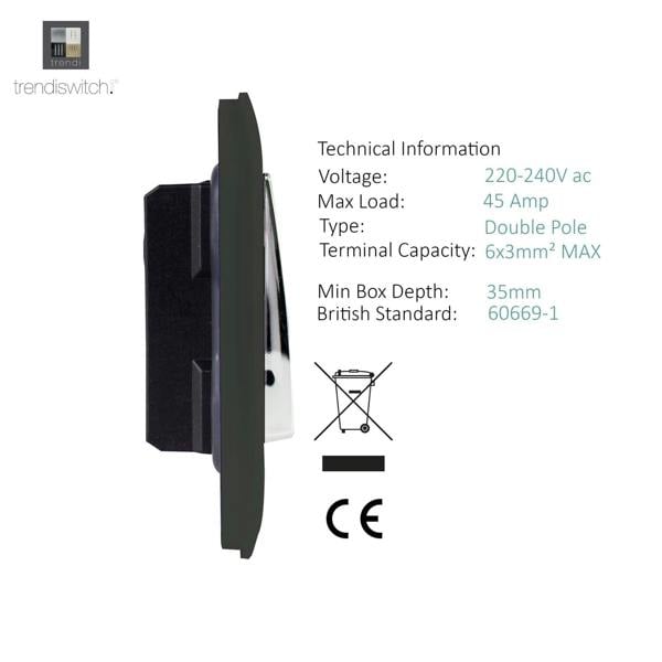 Trendi Switch 1 Gang 45 Amp Cooker Switch with Neon in Charcoal Grey