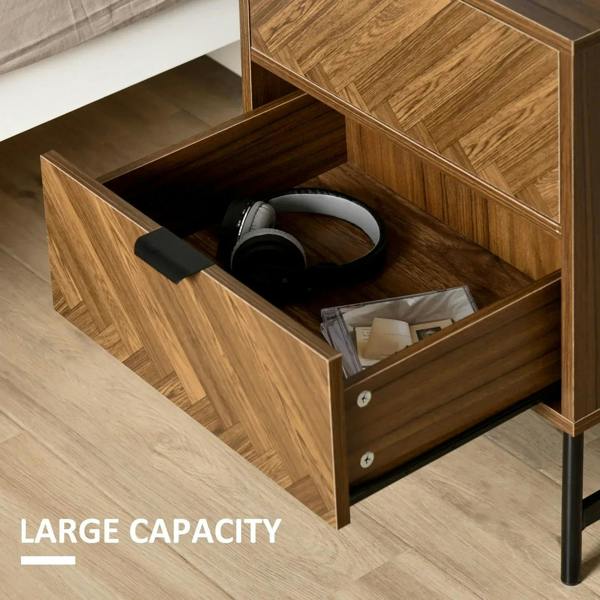 Walnut brown bedside table with open drawer showing storage compartment and contents