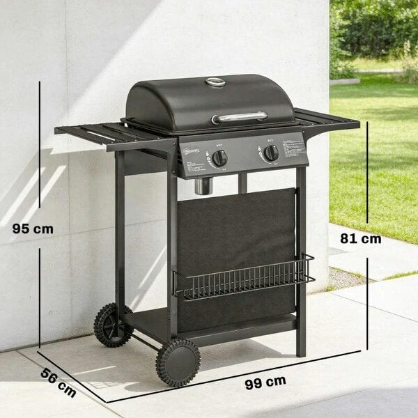 Bobobiy Gas Burner Barbecue Grill, 2 Burner Gas Grill with Side Tables, Warming Rack, Shelf, Thermometer, Grease Tray, Black