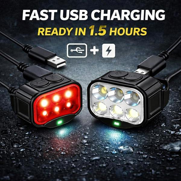 KAV USB Rechargeable Bike Light Set 6 LED 500 Lumen Headlight & Tail Light High Low Beam IP65 Waterproof 8/12 Modes Easy Mount for Road Bike