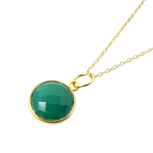 Gold Vermeil Plated Green Onyx May Birthstone Round Pendant Necklace