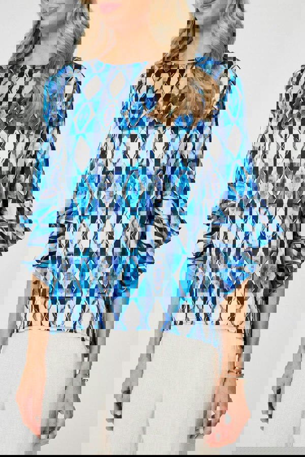 Blue | Geo Print 3/4 Flute Sleeve Curve Hem Blouse