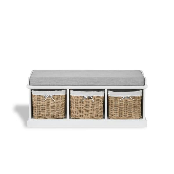 Statement Furniture Tetbury White Storage Bench with Natural Wicker Baskets and Grey Cushion