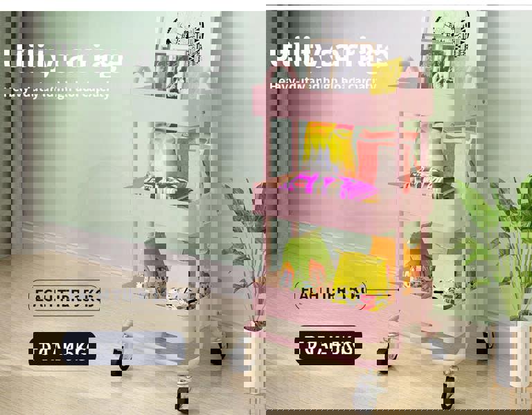 Levede 3 Tiers Kitchen Trolley Cart Steel Storage Rack Shelf Organiser Pink