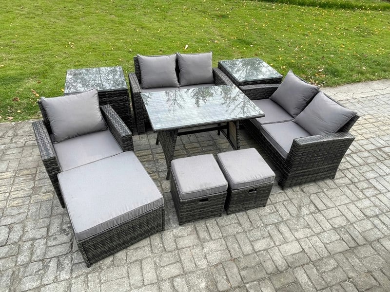 Fimous Garden Dining Set - Dark Grey Mixed PE Wicker Rattan Outdoor Sofa with Rectangular Dining Table & 3 Footstools