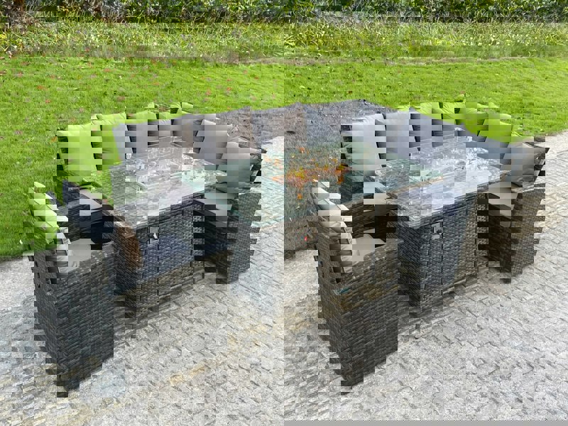 Fimous High Back Rattan Corne r Sofa Set Garden Furniture Sofa Gas Fire Pit Dining Table Gas Heater Chair 7 Seater