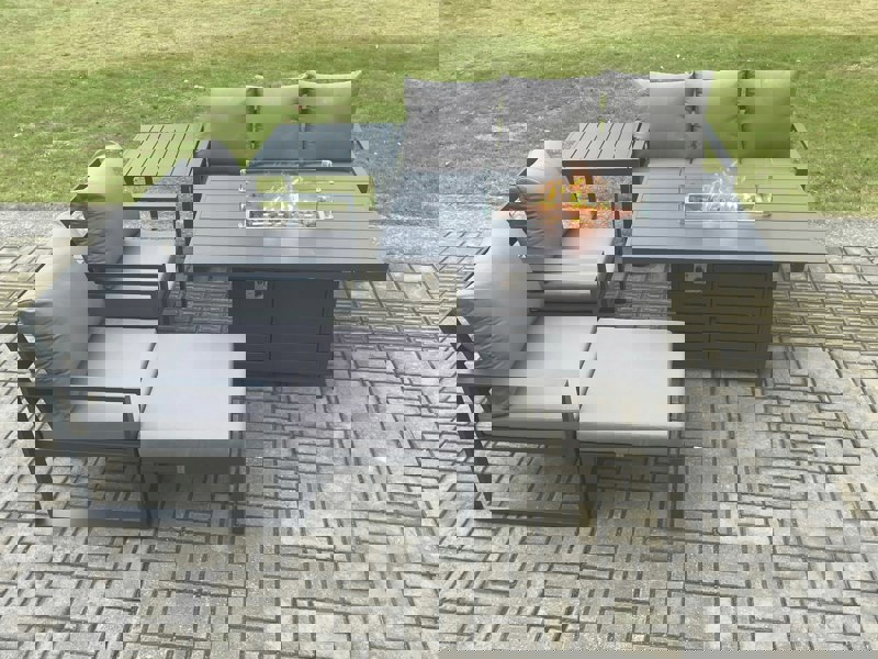 Fimous 6-Seater Aluminium Outdoor Gas Fire Pit Dining Set | 2 Armchairs, Side Table, Footstool | Dark Grey