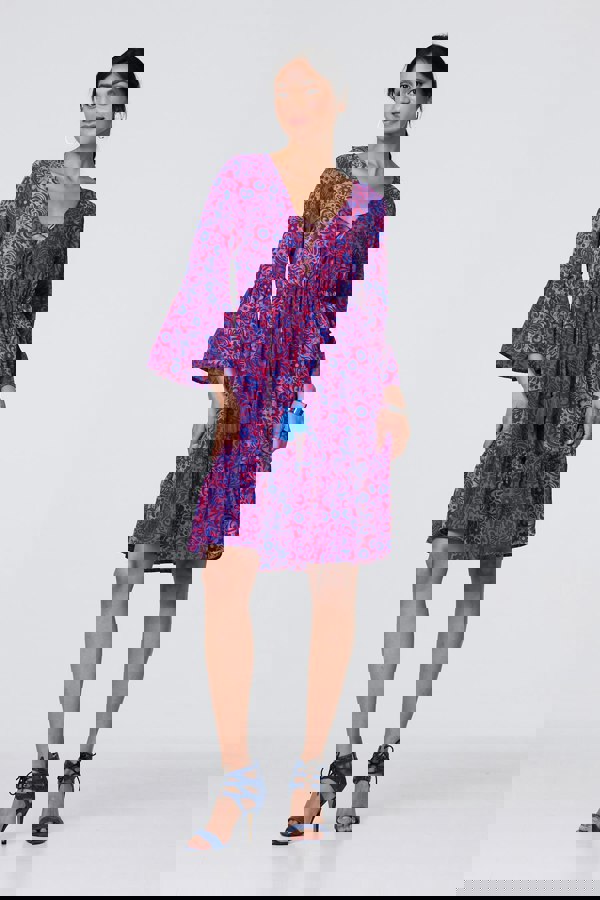 Pink | Paisley Tassel V-Neck Knee Length Dress : Model is 5'8"/172 cm and wears UK8/EU36/US4/AUS8
