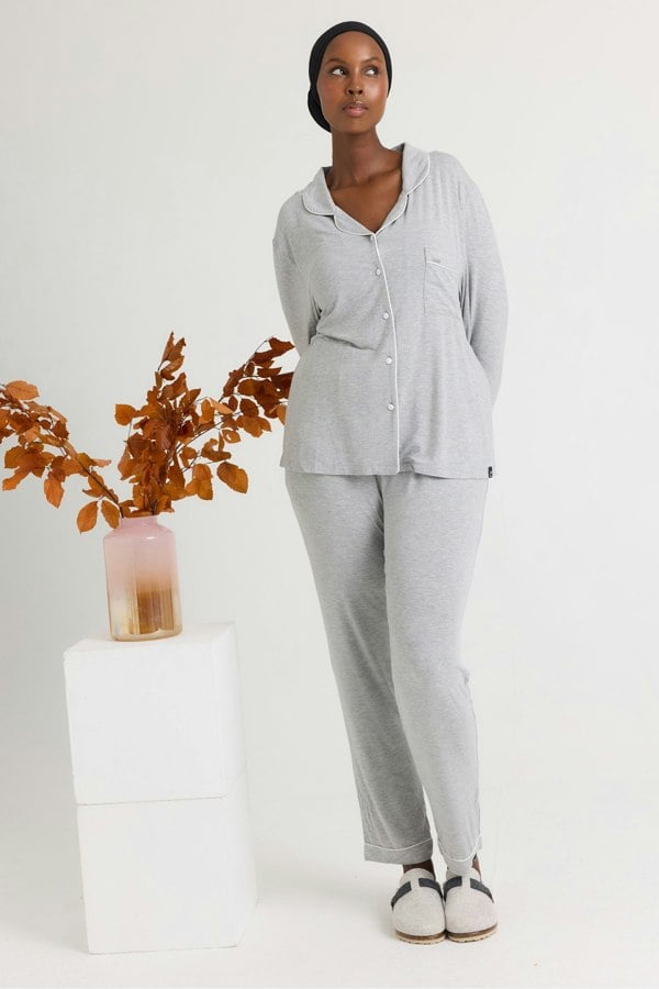 Pretty You London Women's Bamboo Long Pyjama Set - Grey Marl