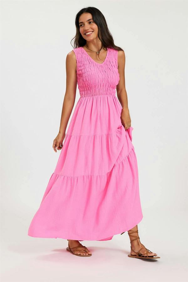FS Collection Shirred Tiered Maxi Dress with Sleeveless V-Neck