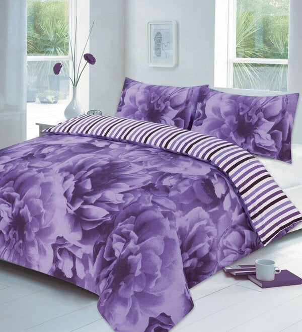 Night Zone Rose Floral Printed Polycotton Duvet Cover Set – Soft Easy Care Bedding with Pillowcases - Lilac