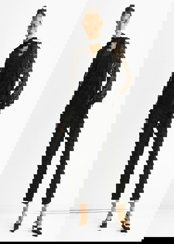 Gini London Black Animal Lace Neck Tie Detail Blouse