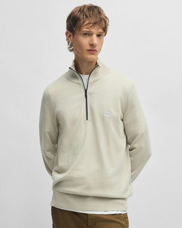 BOSS Orange Kanobix S Mens 1/4 Zip Jumper - Light Beige 271 - CHO - Designer Mens Jumpers