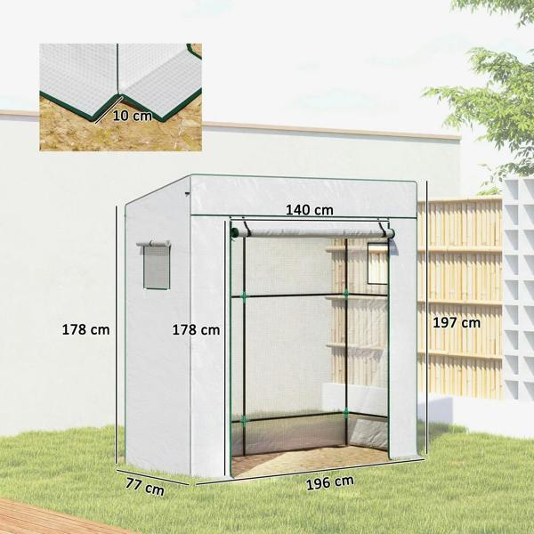 Walk-in greenhouse with white PVC cover and green frame, open doorway showing shelves