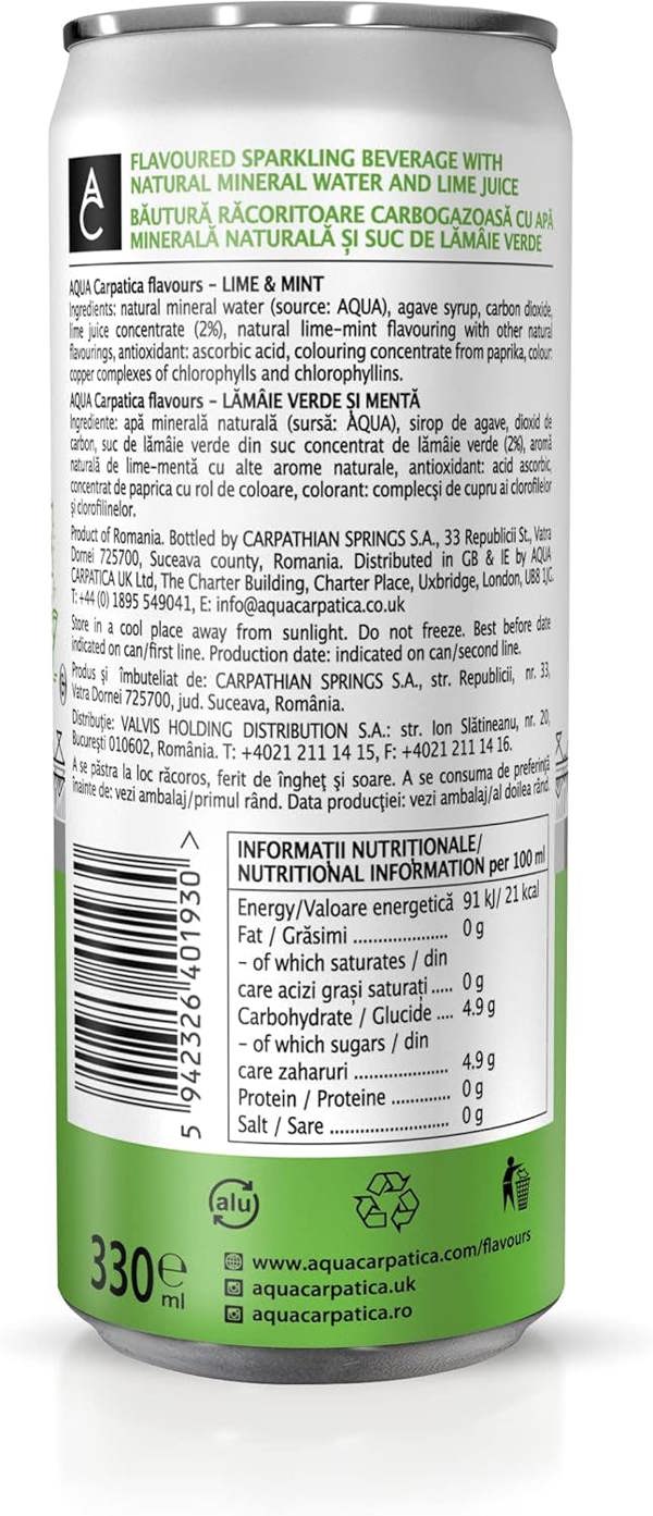 Aqua Carpatica Lime and Mint Flavoured Sparkling Water 6x330ml