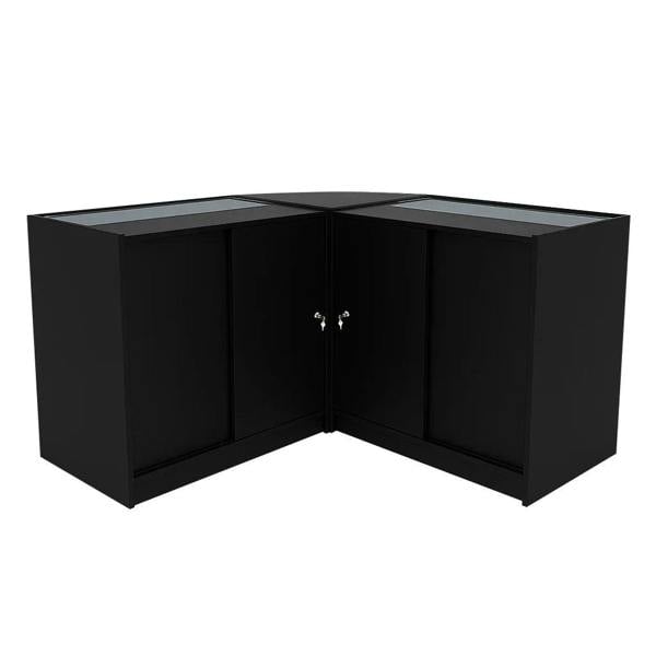 Black Adonis LED shop counter set featuring sleek, modern design with glass display tops and secure storage cabinets, ideal for retail use