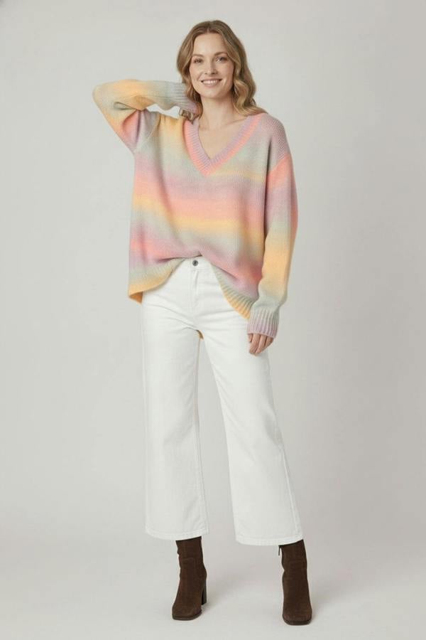 Yellow | Striped Drop Shoulder V-Neck Jumper