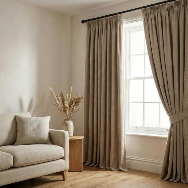 Braga made-to-measure curtains in Bamboo, styled in a living room