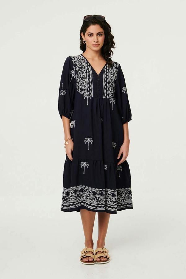 Navy | Border Print Relaxed V-Neck Midi Dress