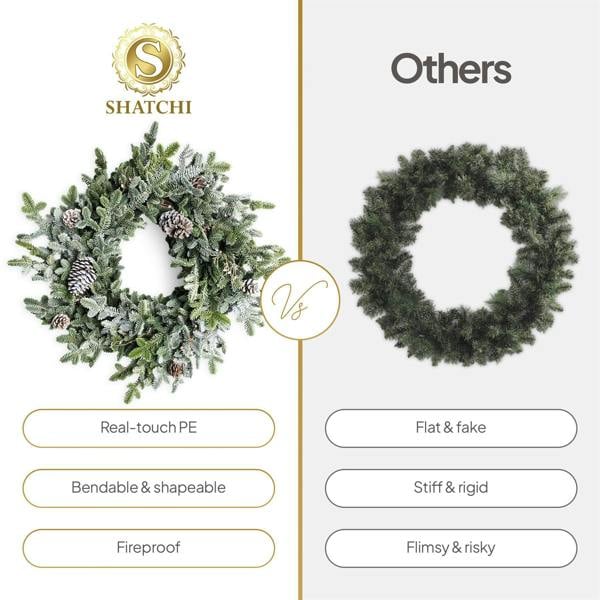 60cm Green Cypress Pine Wreath with Pine Cones, Realistic PE Foliage for Festive Door and Home Displays image 3