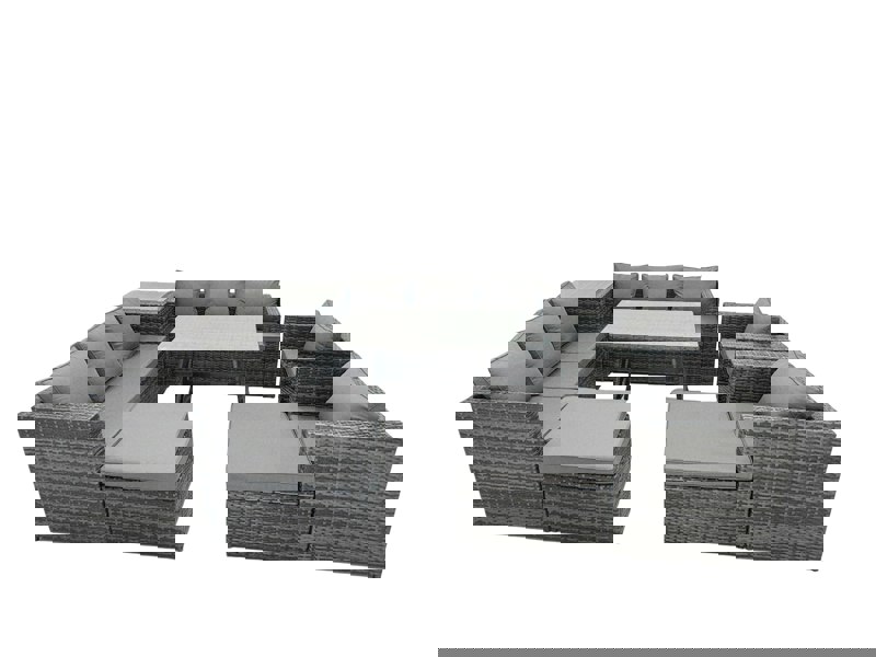 Fimous Rattan Dining Table Sofa Set with Armchair Side Table 2 Big Footstools Outdoor 10 Seat Garden Furniture Set Dark Grey Mixed