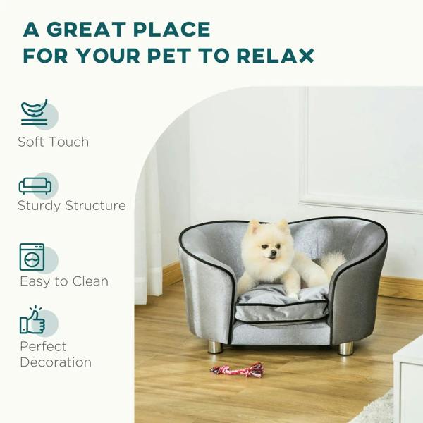 Grey plush pet sofa chair with black trim and removable cushion, suitable for small pets