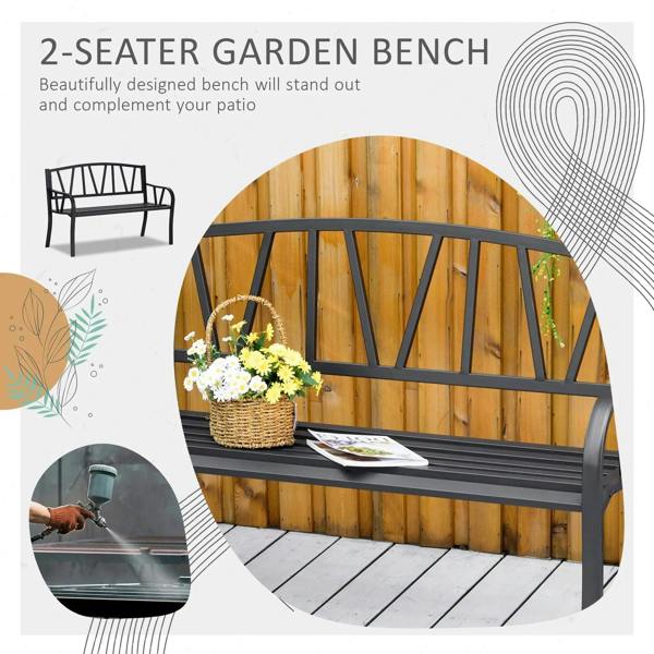 Black metal two-seat garden bench with curved slat back and slatted seat