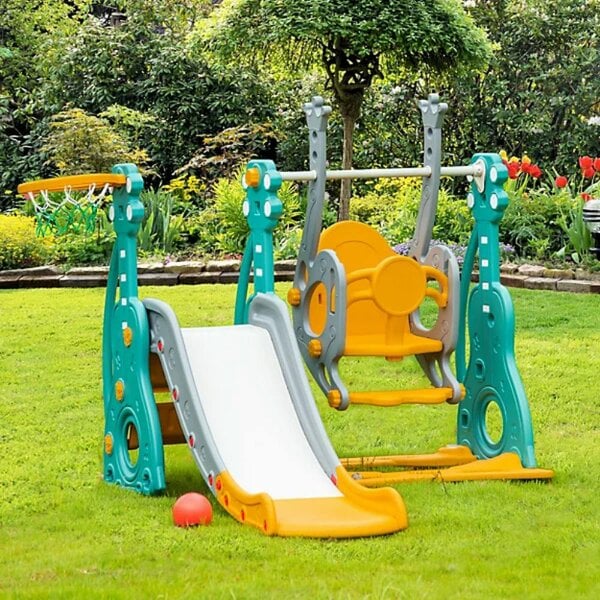 HOMCOM 3 in 1 Kids Swing and Slide Set Activity Centre with Basketball Hoop - 331-015