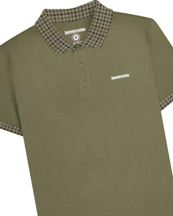 Lambretta Mens Classic Dress Gingham Mod Retro Ska Casual Polo, green polo shirt with contrasting checkered collar and cuffs.