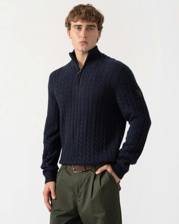 Man wearing Belstaff Mens Westport Quarter Zip Cable Knit Jumper - Dark Ink