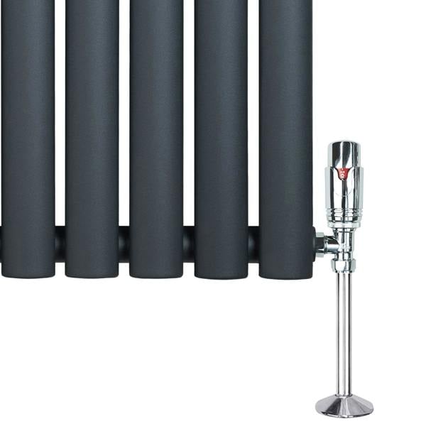 Oval single column radiator in anthracite grey with sleek, smooth finish and chrome valve, measuring 600mm x 600mm