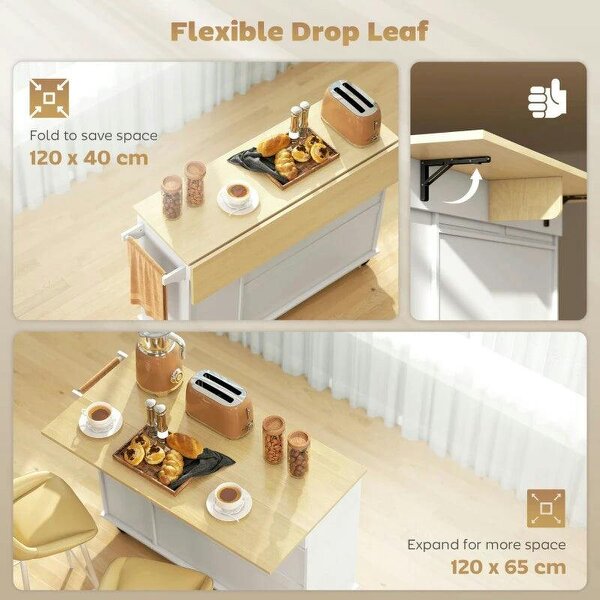 Kitchen Island, Rolling Kitchen Cart with Drop Leaf, Storage Trolley, Pull-out Storage, Drawers and Towel Rack, White