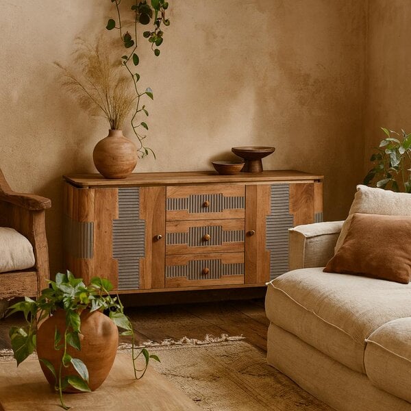 Wyld Haus Idaho Natural Acacia Wood and Brass Sideboard with 3 Drawers and 2 Doors