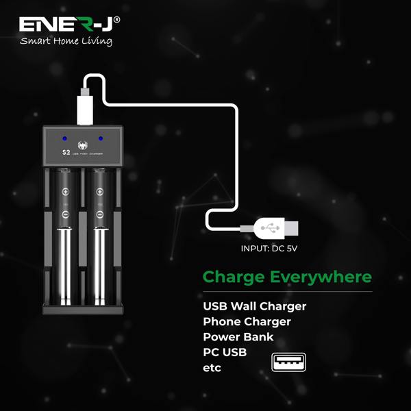 ENER-J USB Dual Battery Fast Charger for Rechargeable 18650 18650 18490 17500 16340 (Li-ion/IMR/INR/ICR) Batteries, 2-Slot Adjustable Charger