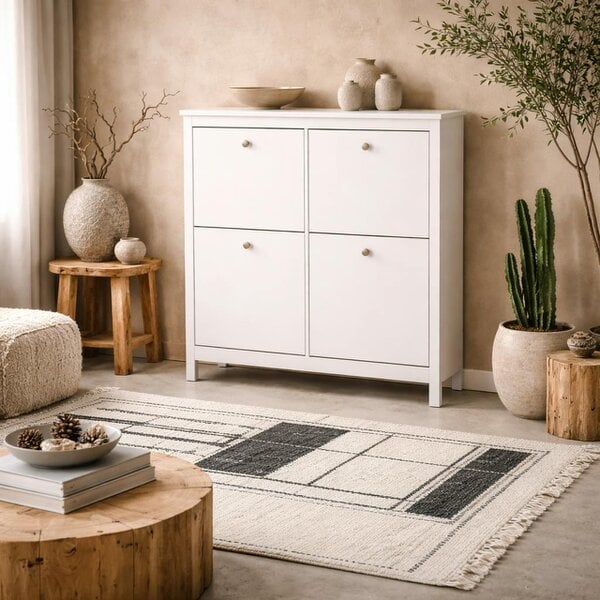 Wyld Haus Gossmere White Wooden Square Shoe Cabinet 4 Flip Down Doors Silver Handles