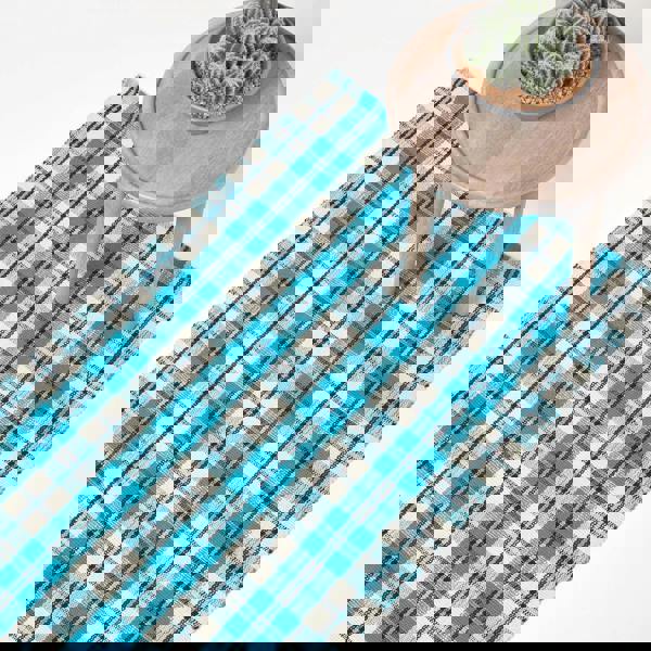 HOMESCAPES Irvine Handwoven Blue Tartan 100% Cotton Rug