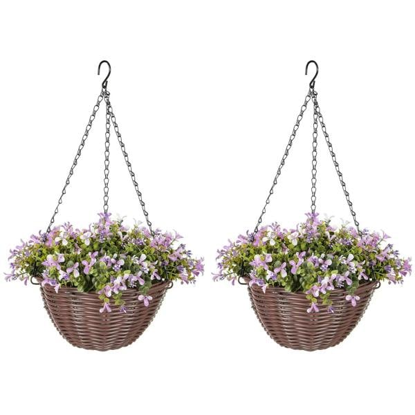 Purple artificial hanging flower basket in woven wicker, with purple blossoms