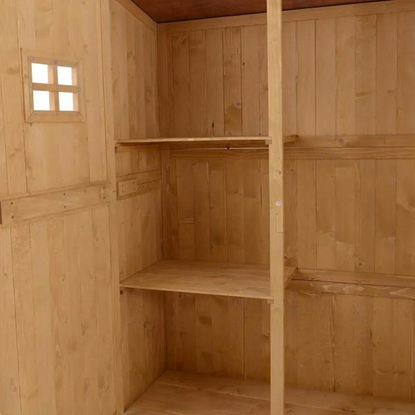 Wooden shed interior with side shelving for tools and accessories storage