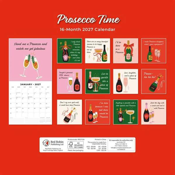 Prosecco Time Calendar 2027, Wall Calendars, Month To View, Lifestyle, Gift