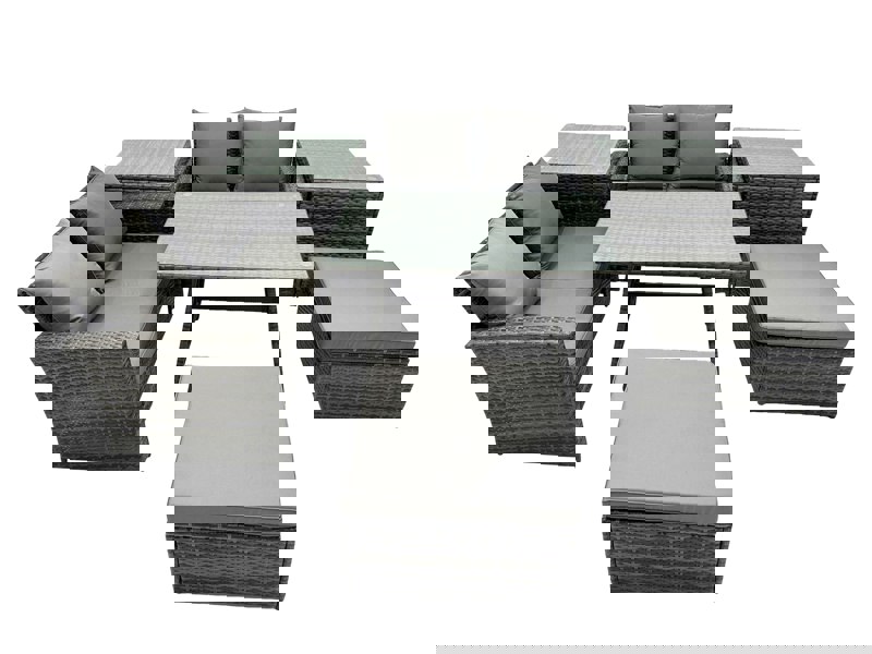 Fimous 6 Seater Wicker PE Rattan Furniture Outdoor Dining Table Double Seat Sofa 2 Big Stool 2 Side Table Set Dark Grey Mixed