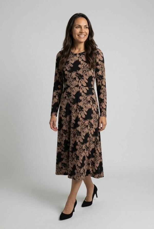Izabel London Floral Long Sleeve A-Line Midi Dress