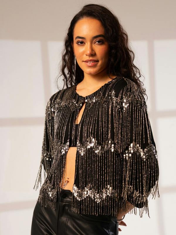 Rose & Nancy Phoebe Black and Silver Fringe Jacket