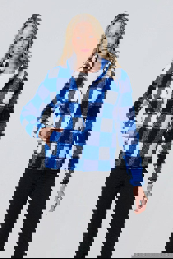 Blue | Checked Print Teddy Fur Zip Front Jacket
