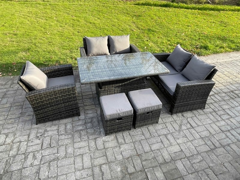 Fimous 7 Seater Rattan Outdoor Garden Furniture Sofa Set with 2 Small Footstool Dark Grey Mixed