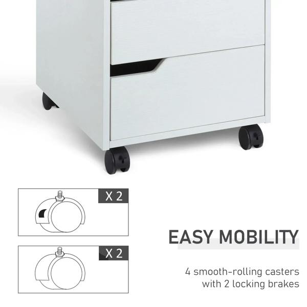 White file cabinet corner with caster wheels and three closed drawer fronts