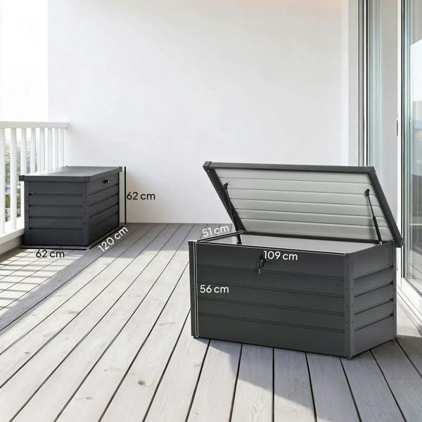 Dark grey steel garden storage box with open lid and size dimensions shown