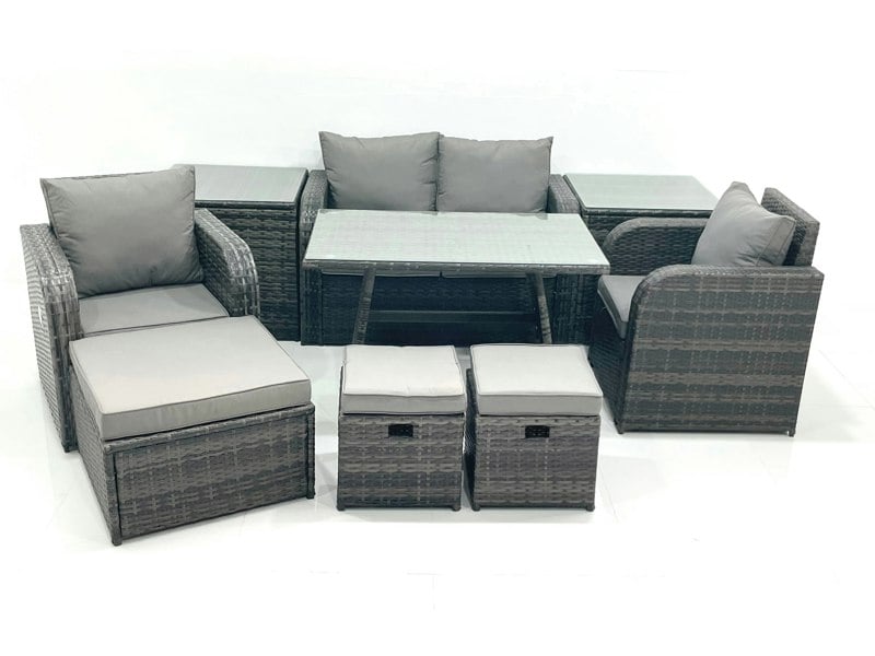 Fimous Outdoor Garden Furniture Set Rattan Sofa Dining Table Set with Reclining Chair 3 Footstool 2 Side Table Dark Grey Mixed
